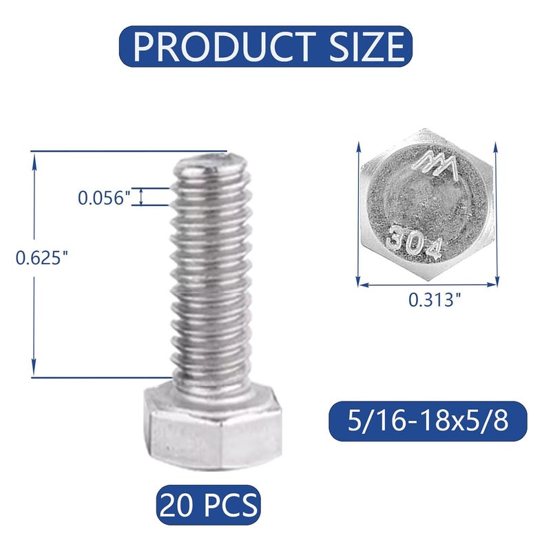 JROUTH 5/16-18x5/8 Hex Head Screw Bolt (20PCS), Lock Nuts,Flat & Lock Washers Kits,304 Stainless Steel 18-8,Fully Threaded. - Image 2